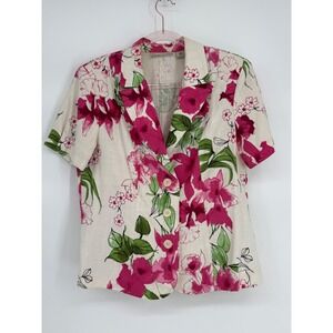 Sag Harbor Womens Pink Floral Short Sleeve Linen Blend Blazer Jacket Sz 16